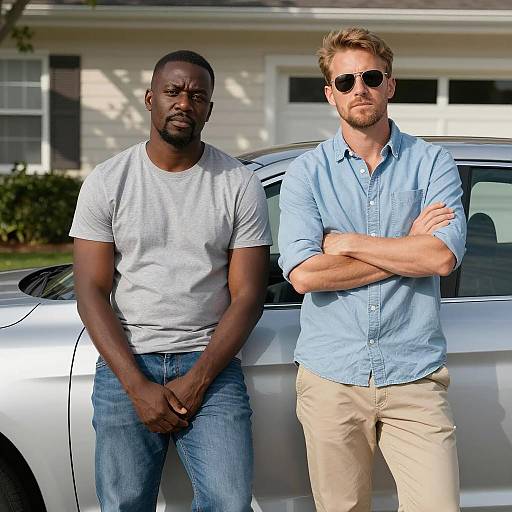Two Men with a Silver Car Scene