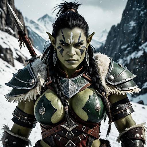 Fierce Female Orc Warrior in Snowy Mountains