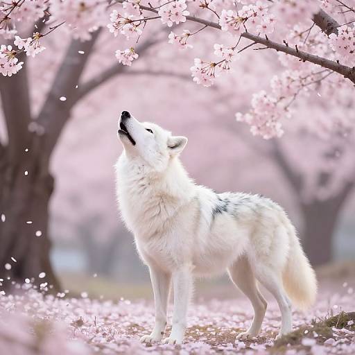 Photograph of a white wolf howling under pink cherry blossom branches, surrounded by falling petals, creating a serene, dreamy springtime scene.