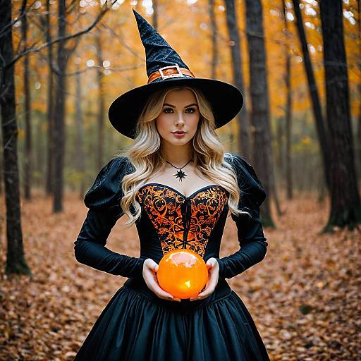 Young Woman in Witch Costume Holding Orange Orb