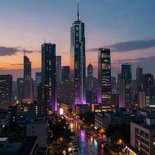 Photograph of a cityscape at dusk with illuminated skyscrapers, neon lights, and a vibrant orange-purple sky. Tall buildings with glowing windows and