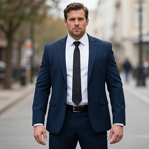 Photograph of a handsome, serious-looking man in a dark navy suit, white shirt, and black tie, standing on an urban street.