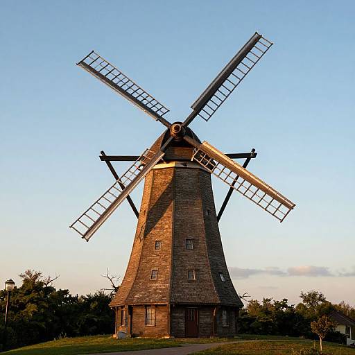 Photograph of a rustic, stone windmill with large, white lattice blades against a clear blue sky at sunset.