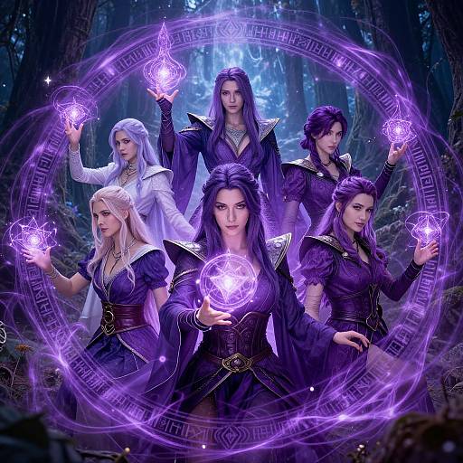 Digital fantasy artwork: Six magic-wielding, dark-haired, purple-clad characters with glowing purple rings in a mystical forest, surrounded by circular runes and