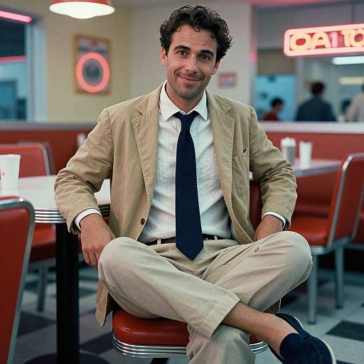 Photograph of a smiling, dark-haired man in a beige suit, white shirt, and navy tie, sitting cross-legged at a retro diner. Neon