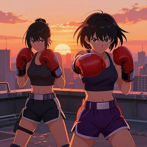 Futuristic Anime Girls Boxing Sunset
