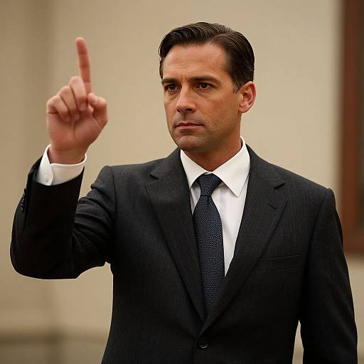 Photograph of a serious, dark-haired man in a black pinstripe suit, white shirt, and navy tie, raising his index finger in a
