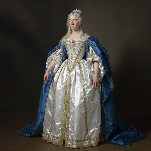 Photograph of an 18th-century noblewoman in an opulent white satin gown with gold trim, blue velvet cloak, and pearl headpiece,