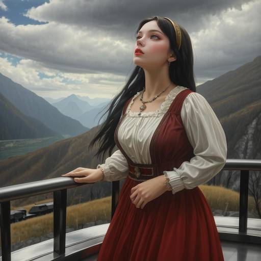 Young Woman in Traditional Dress on Mountain Balcony