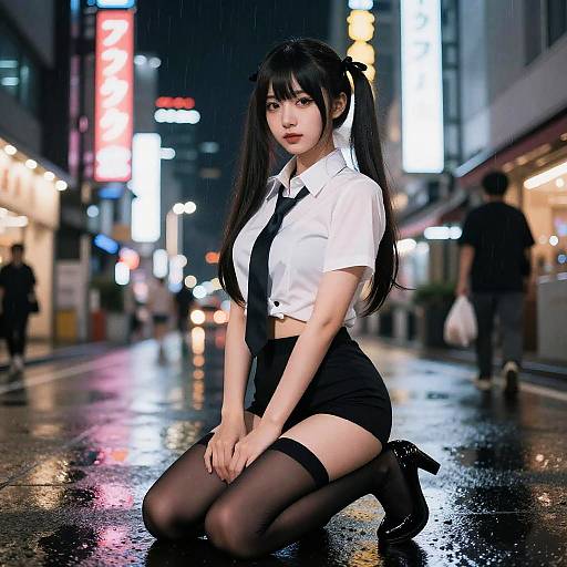 Photograph of an Asian woman in a white blouse, black tie, and mini-skirt, kneeling on a rainy city street at night, with neon