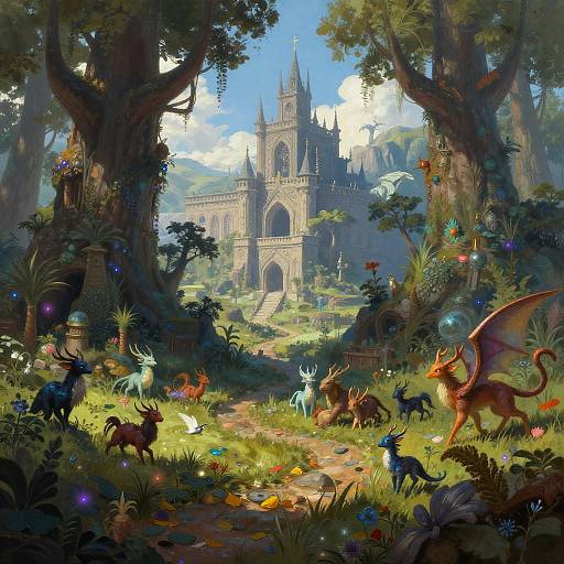 Fantasy forest scene with colorful mythical creatures, including a red dragon, and a grand gothic castle in the background. Bright sunlight filters through tall trees
