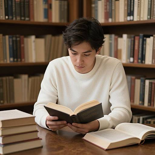 Photograph of a young man with short black hair, wearing a white sweater, reading a book in a library with wooden shelves filled with books.