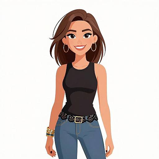 Cartoon-style digital illustration of a smiling woman with brown hair, wearing a black tank top, blue jeans, hoop earrings, and bracelets.