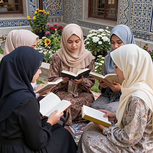 Young Muslim Women Reading in Garden