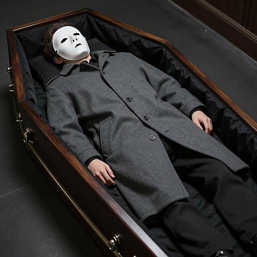 Man in Gray Coat with White Mask in Coffin