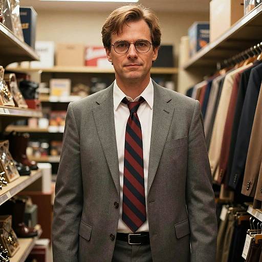 Man in Grey Suit and Striped Tie in Clothing Store