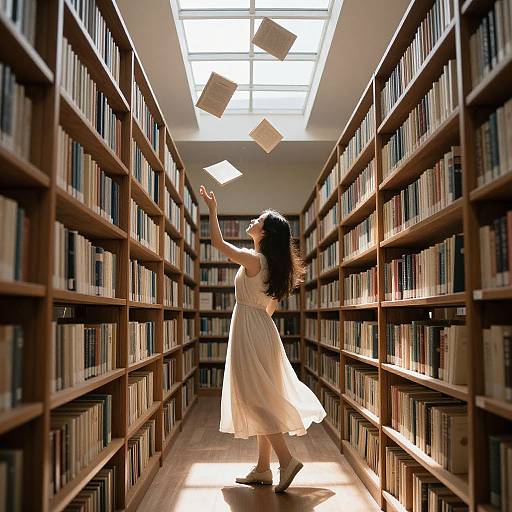 Floating Books in Sunlit Library