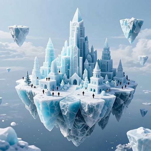 Digital art of a futuristic ice castle floating on icy islands, surrounded by floating icebergs, with tiny black figures exploring.