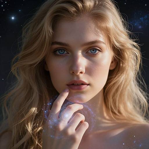 Digital portrait of a beautiful blonde woman with blue eyes, fair skin, and wavy hair, touching her lips with a glowing, starry hand against