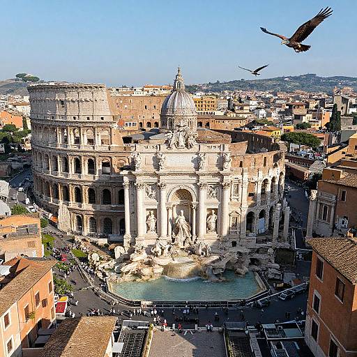 Aerial photograph of St. Peter's Basilica in Rome, featuring two flying eagles, surrounded by historic buildings and a central fountain.
