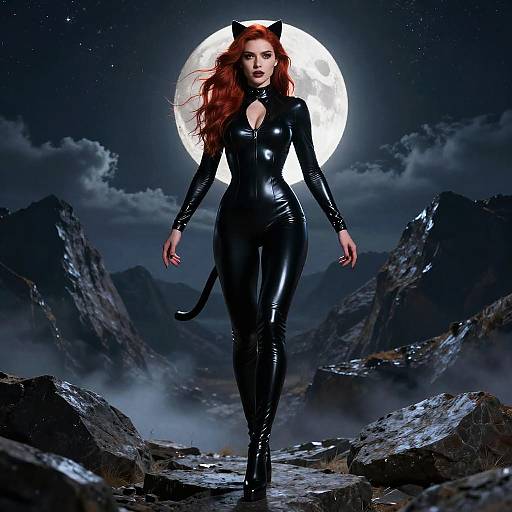 Digital artwork of a red-haired woman in a black latex cat suit with cat ears and tail, standing in front of a full moon, surrounded by rocky