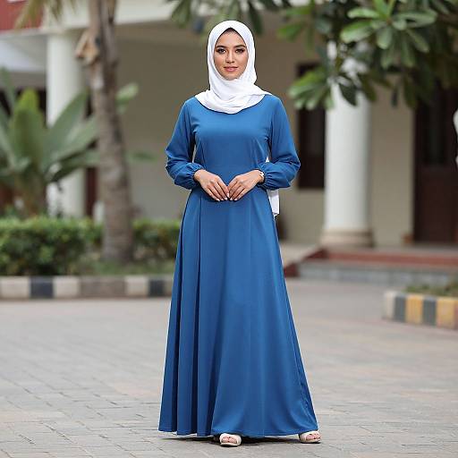 Photograph of a young woman with light brown skin, wearing a white hijab and long blue dress, standing outdoors on a paved path with greenery