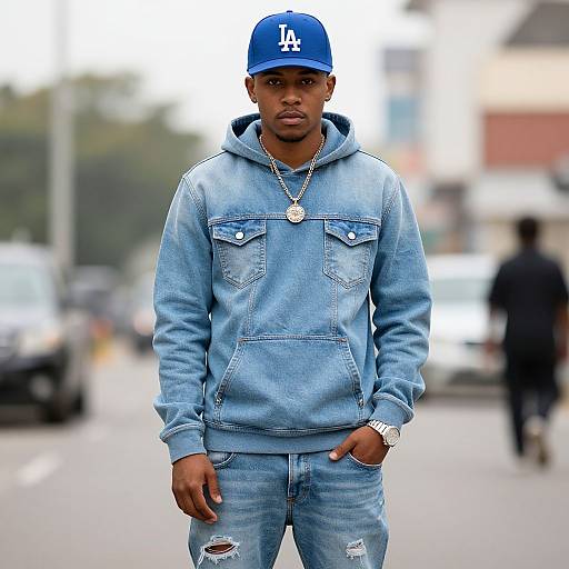Photograph of a Black man in a blue LA Dodgers cap, light blue denim hoodie, and ripped jeans, standing on a street. Background is blurred
