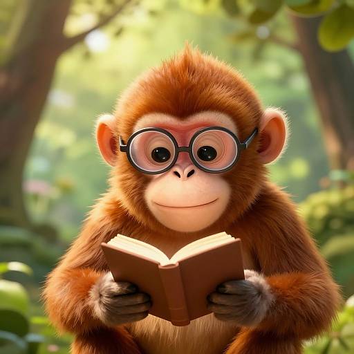 CGI image of a cute, brown-furred monkey with large round glasses, reading a book in a sunlit, lush jungle.