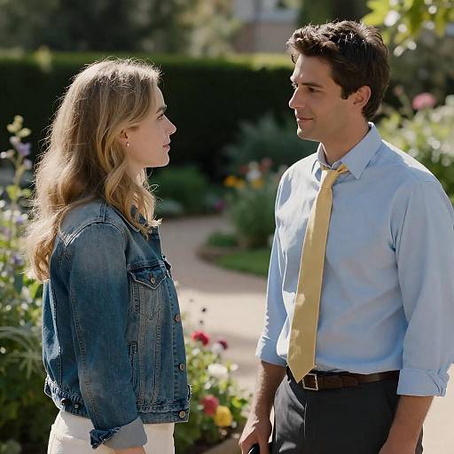 Photograph of a blonde woman in a denim jacket facing a dark-haired man in a light blue shirt and yellow tie, standing in a sunlit,