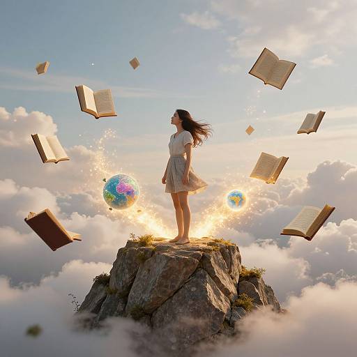 Photograph-style digital art: Silhouetted girl in white dress stands on rocky mountain, surrounded by floating books and colorful globes, against a