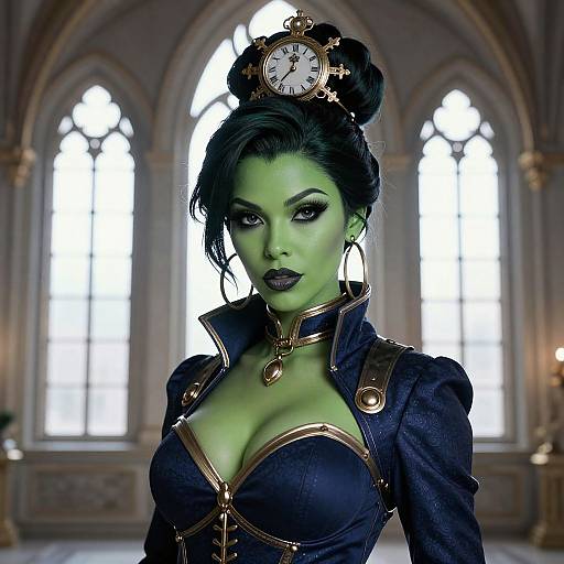 Digital art of a green-skinned woman with black hair, dark lipstick, and a clock on her bun, wearing a dark, gold-trimmed