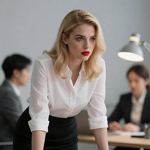 Blonde Businesswoman Leaning Forward in Office