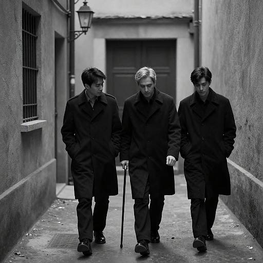 Three Men Walking in Narrow Alley
