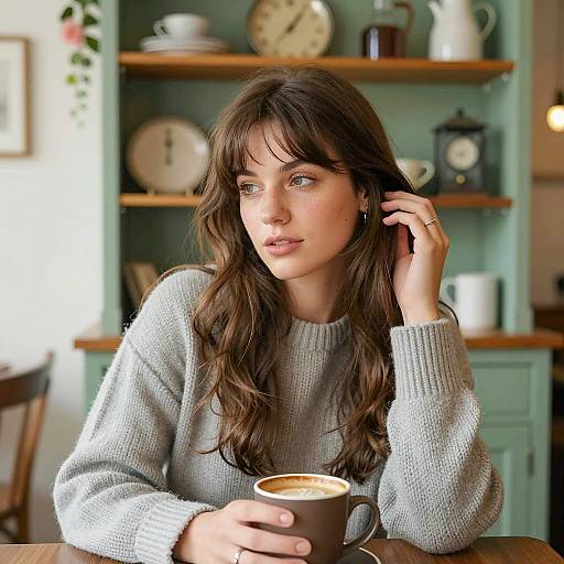 Woman in Gray Sweater Holding Coffee in Rustic Cafe