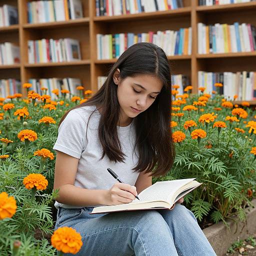 Photograph of an Asian woman with long black hair, wearing a white t-shirt and blue jeans, writing in a notebook surrounded by vibrant orange marig