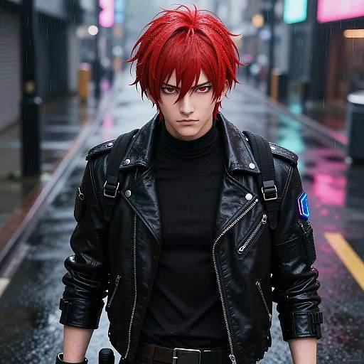 Digital anime-style portrait of a red-haired, serious-eyed young man in a black leather jacket, standing in a rainy urban street at night, with neon