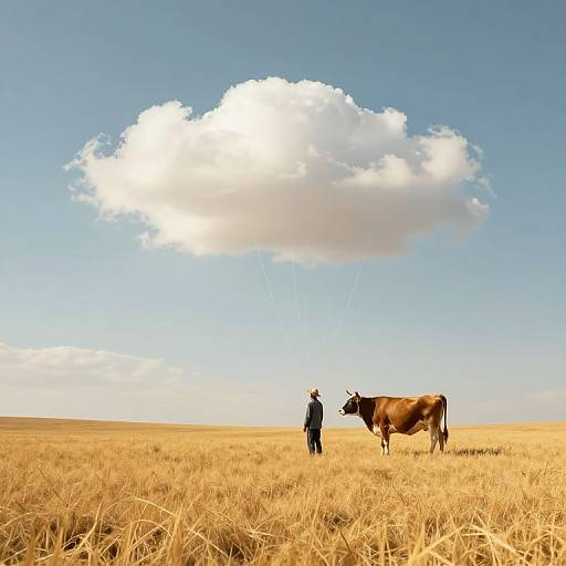 Photograph of a person in blue shirt standing beside a brown cow in a golden wheat field, under a large white cloud in a clear blue sky.