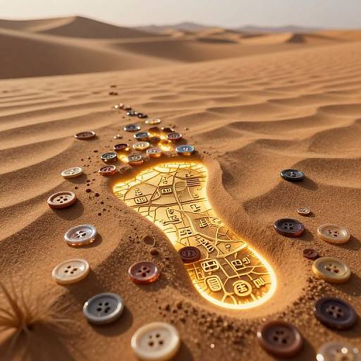 Photograph of a glowing, illuminated footprint in golden sand dunes, surrounded by scattered buttons of various colors and sizes.