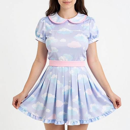 Photograph of a woman in a light blue, short-sleeved, floral-patterned dress with a pink waistband and white collar, standing against