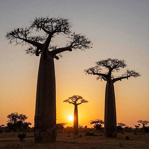 Photograph of a breathtaking sunset over a savanna, featuring silhouetted baobab trees with sparse branches, casting dramatic shadows against a vibrant