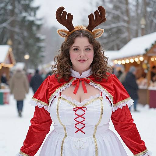 Photograph of a curly-haired woman in a festive reindeer costume with red cape, white dress, and antlers, standing in a snowy Christmas market
