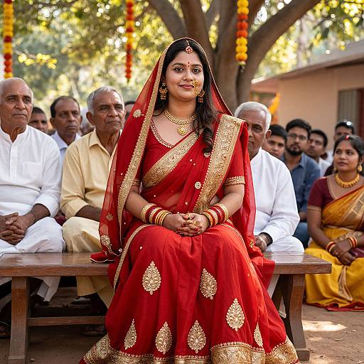 Photograph of a South Asian woman in a red silk sari with gold embroidery, seated on a bench, surrounded by men in white and yellow attire