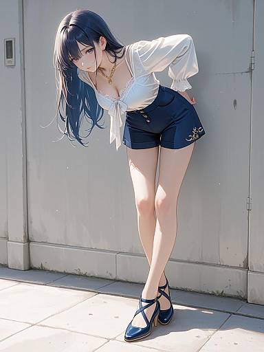 Anime-style digital artwork of a slender woman with long black hair, white off-shoulder blouse, black high-waisted shorts, and black sandals