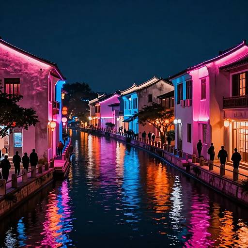 Photograph of a vibrant nighttime canal scene with neon-lit buildings in pink, blue, and orange, reflecting colorful lights on the water, and sil