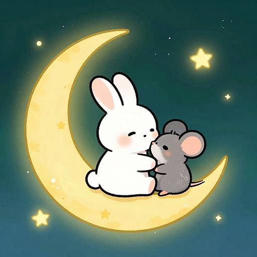 Dreamy Cute Rabbit and Mouse on Moon