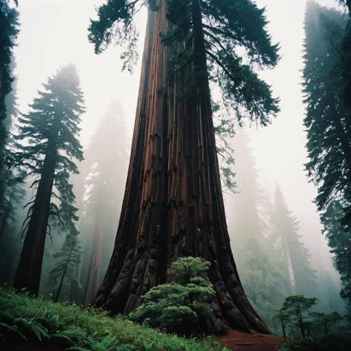 Giant Redwood Tree in Misty Forest