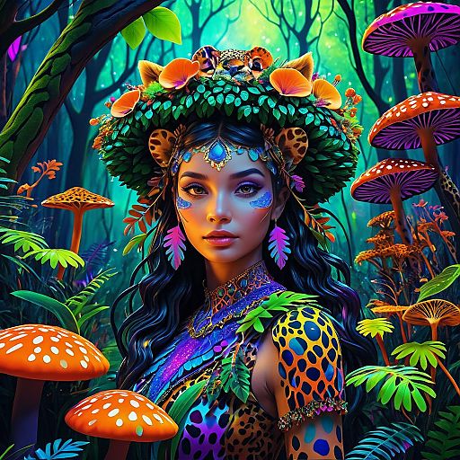 Vibrant Anthropomorphic Leopard in Fungi Forest Vibrant Anthropomorphic Leopard in Fungi Forest