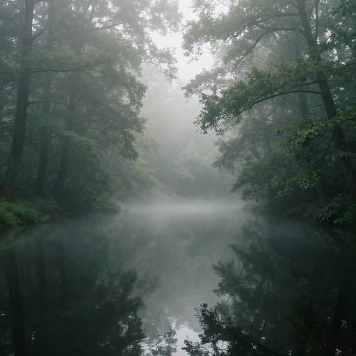 Photograph of a misty forest lake, with tall trees on both sides, dense fog, and a calm, reflective water surface.