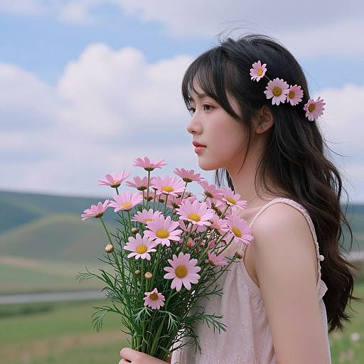 Young Asian woman with long black hair, wearing a pink dress, holding pink daisies, standing in a green field under a cloudy sky.