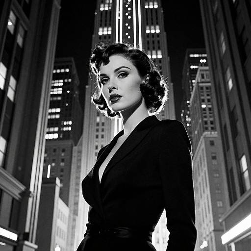 Black-and-white photograph of a 1940s-styled woman with dark, wavy hair, wearing a deep V-neck black blouse, standing in